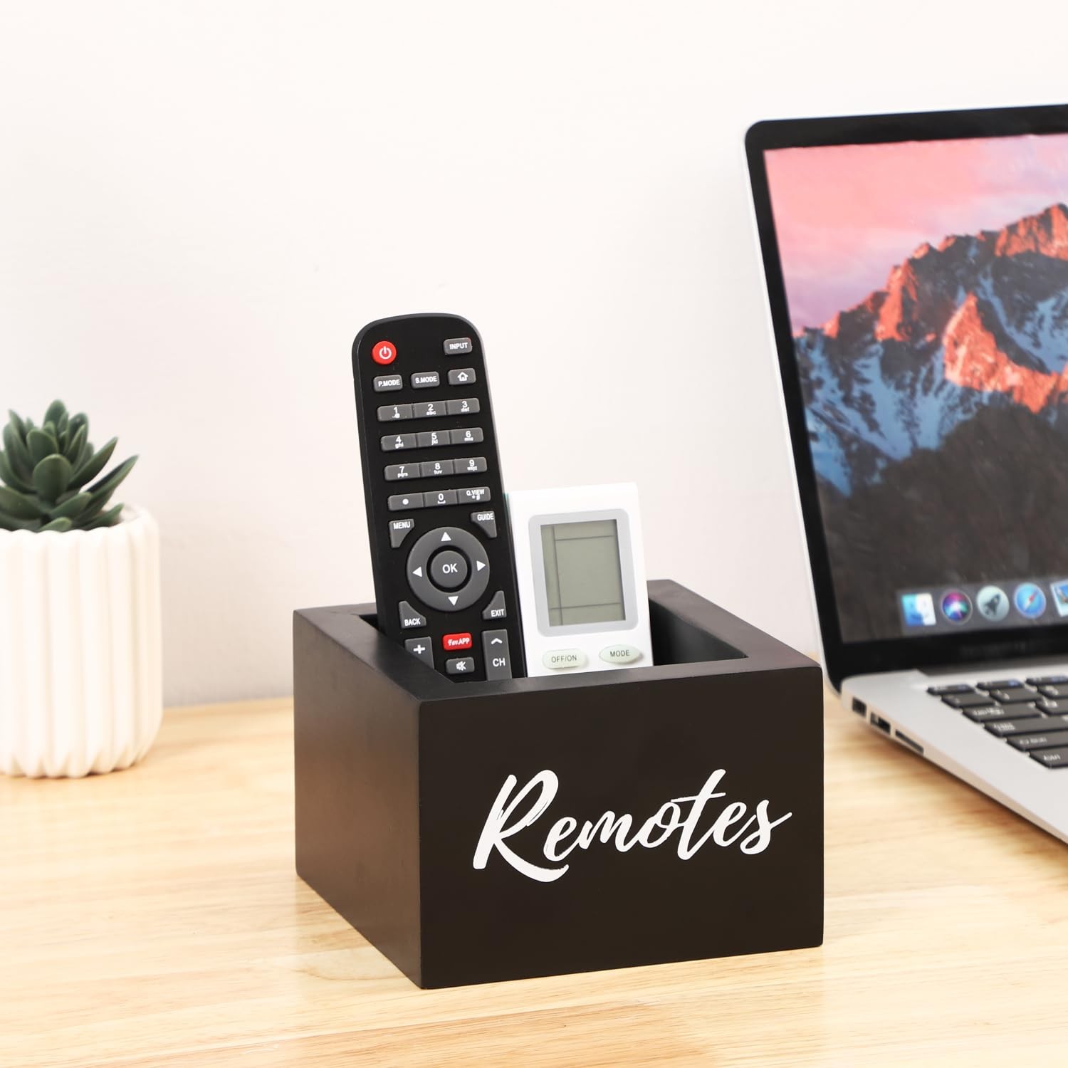 Black Wooden TV Remote Control Holder Desk Table Storage Organizer Caddy Box