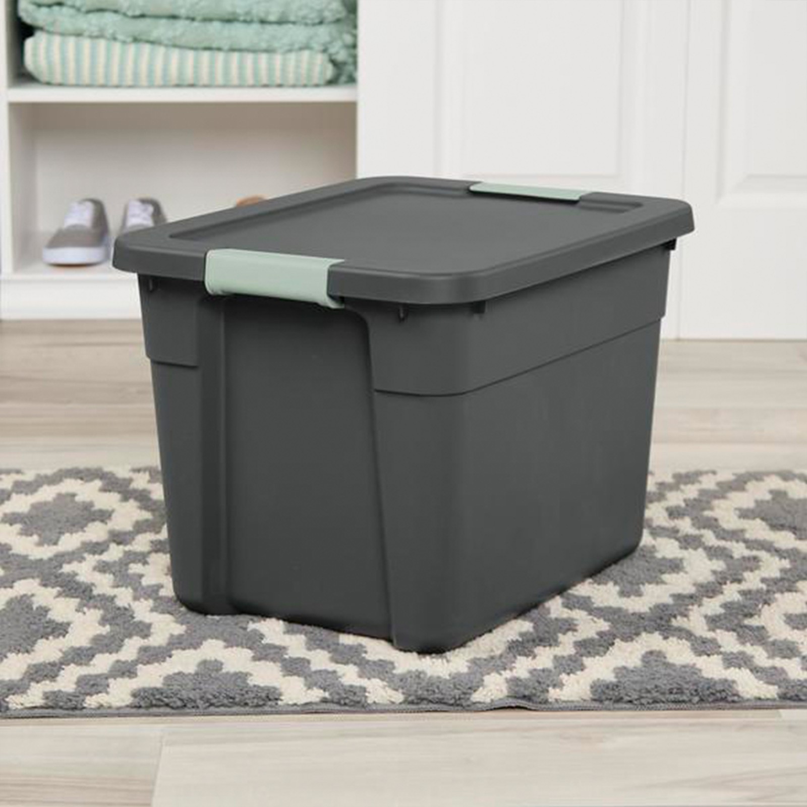 Sterilite 6Pk Latch Tote, Stackable Plastic Storage Container, 12Gal, Gray/Green