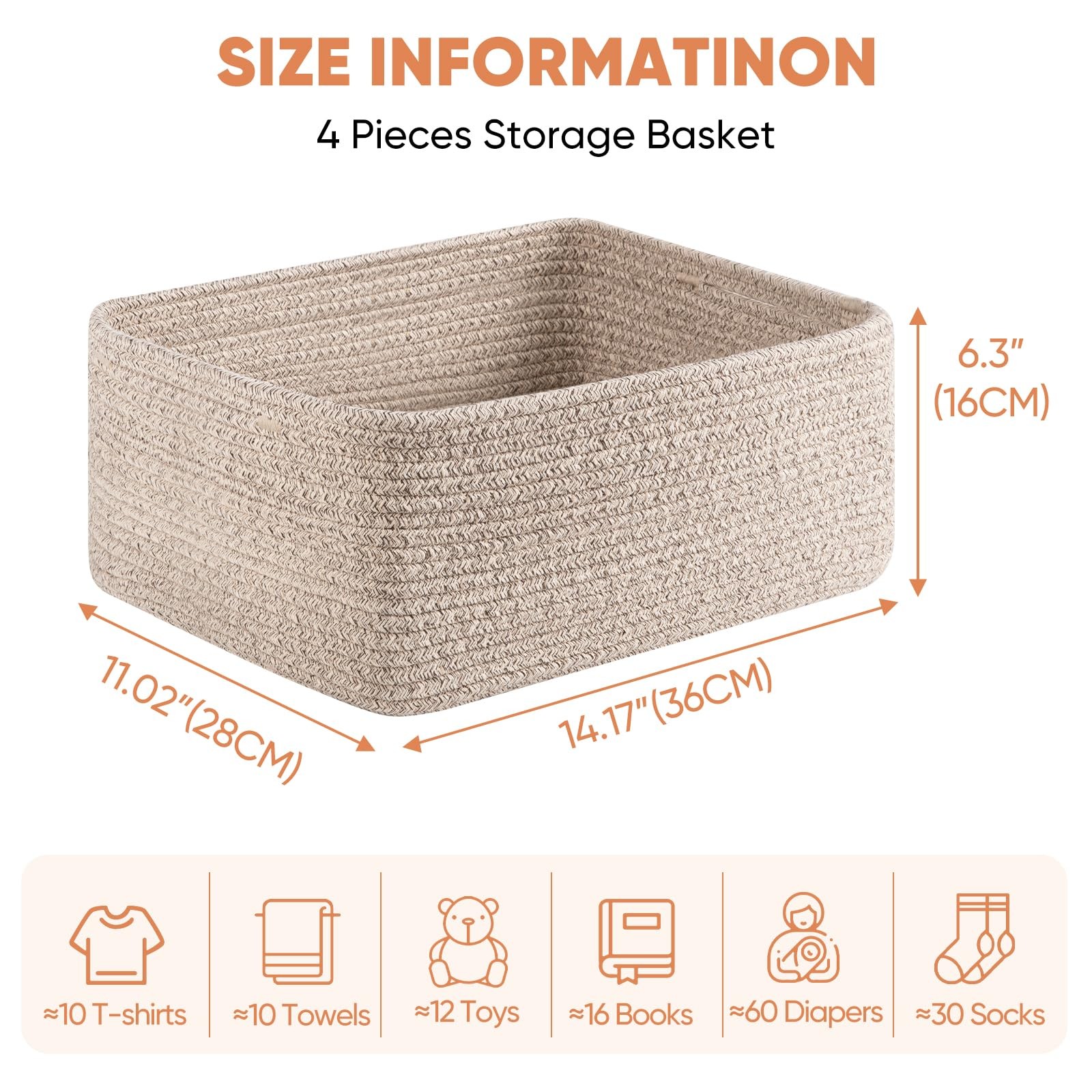 4 Pack 14.17 * 11.02 * 6.3IN Storage Baskets for Organizing Shelves, Woven Ro…