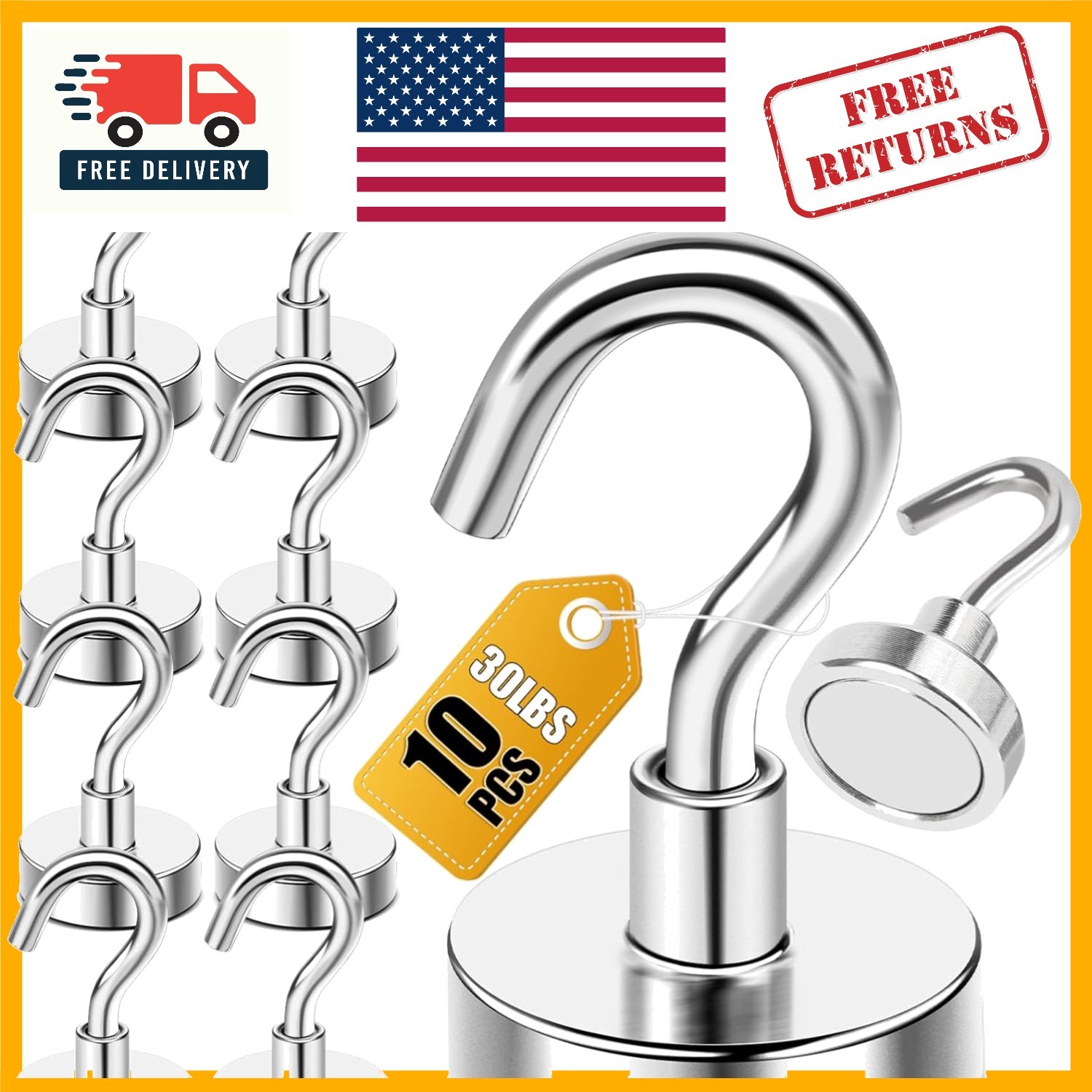 Durable Stainless Steel Magnetic Hooks – 10 Pack 30lbs for Cabinets & Classrooms