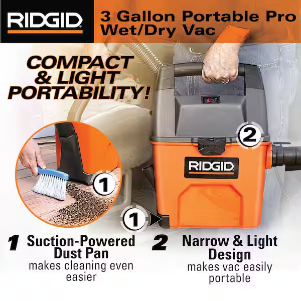 Rigid Wet Dry Vacuum Small Portable Shop Vac Cleaner Hose Lightweight 3Gal. NEW
