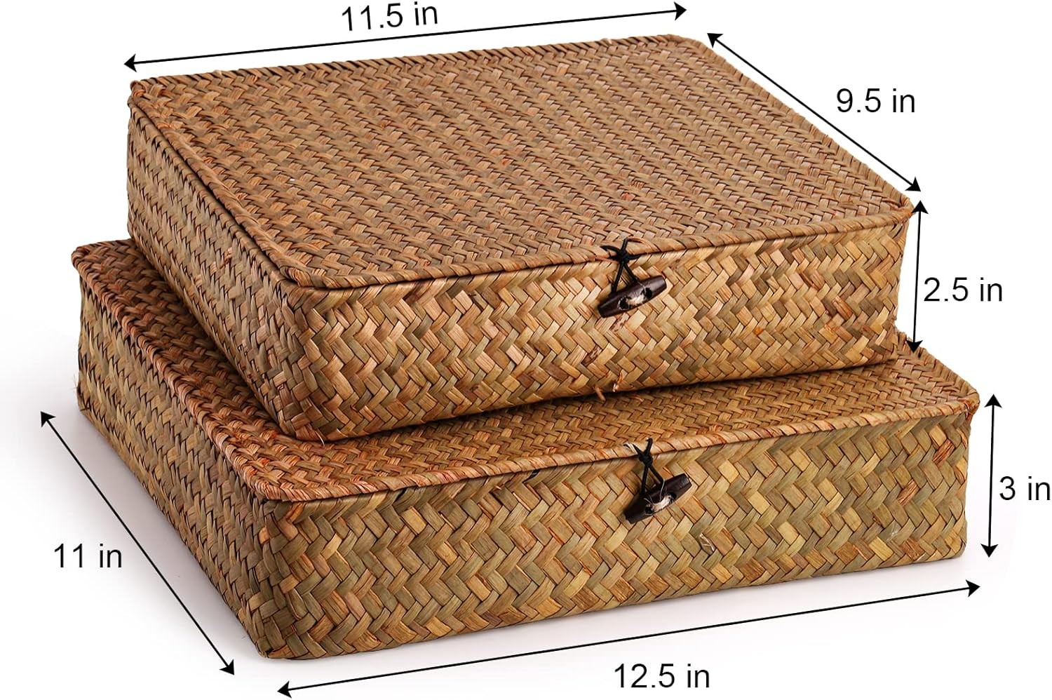 2 Pack Seagrass Baskets with Lid,Wicker Storage Baskets Flat Rattan Storage Bins