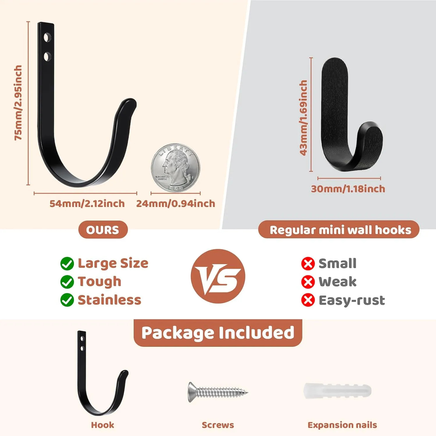 4 Pcs Heavy Duty Metal Wall Hooks 22LB Black Large Coat Hooks for Bathrooms Door