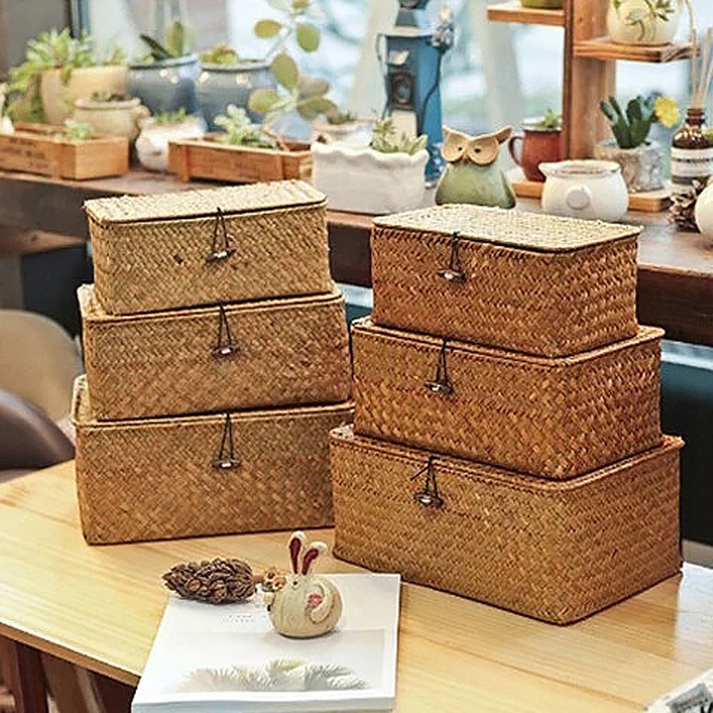 Handmade Seagrass Storage Basket with Lid Woven Rattan Organizer Box