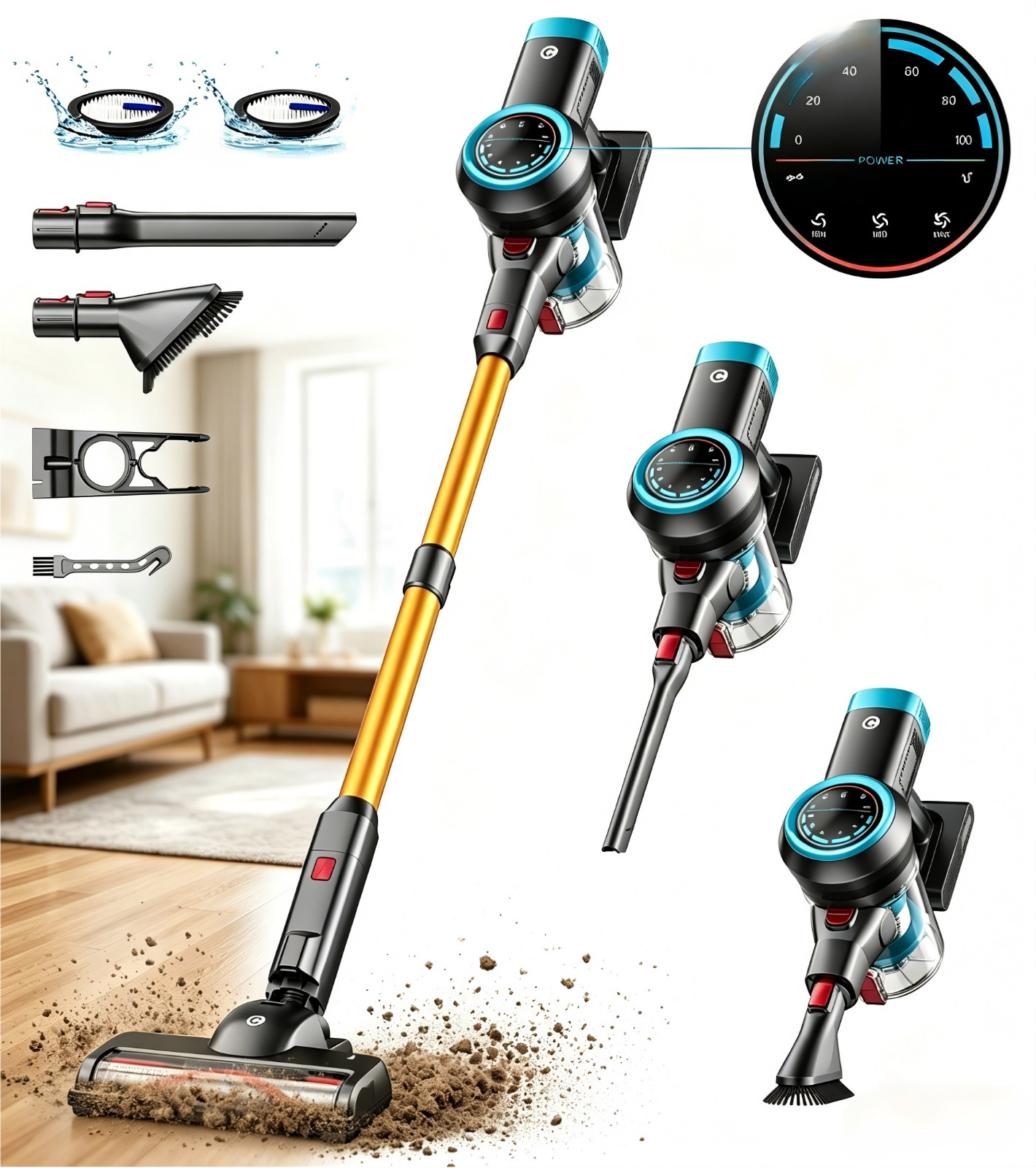 Cordless Vacuum Cleaner 55KPa 550W 60min Self-Standing Stick Carpet Floor Clean