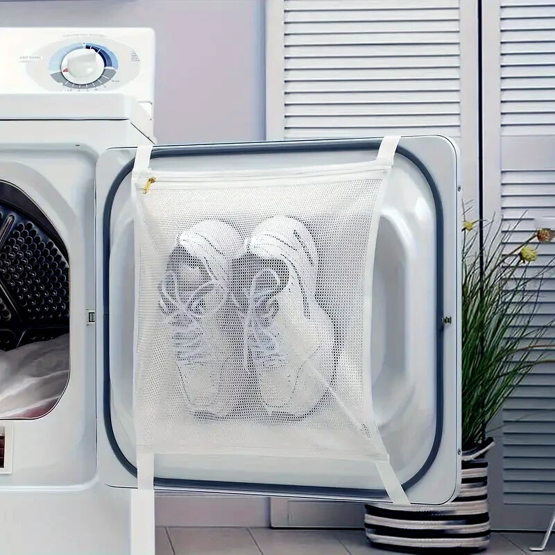 Large Laundry Mesh Sneaker Shoe Wash & Dry Zip Bag, Washer-Dryer Door Straps