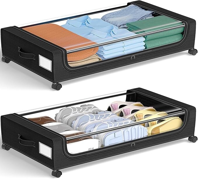 GoMaihe XXL Under Bed Storage | 2-Pack Rolling Bins with Clear Lids for Clothes
