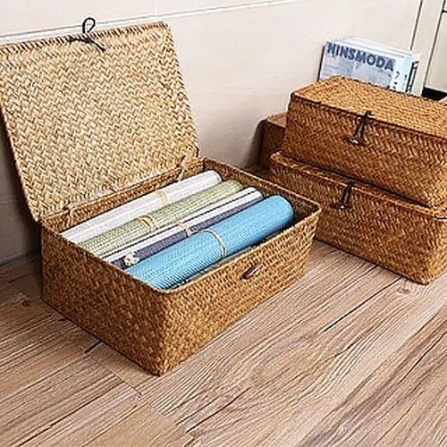 Handmade Seagrass Storage Basket with Lid Woven Rattan Organizer Box