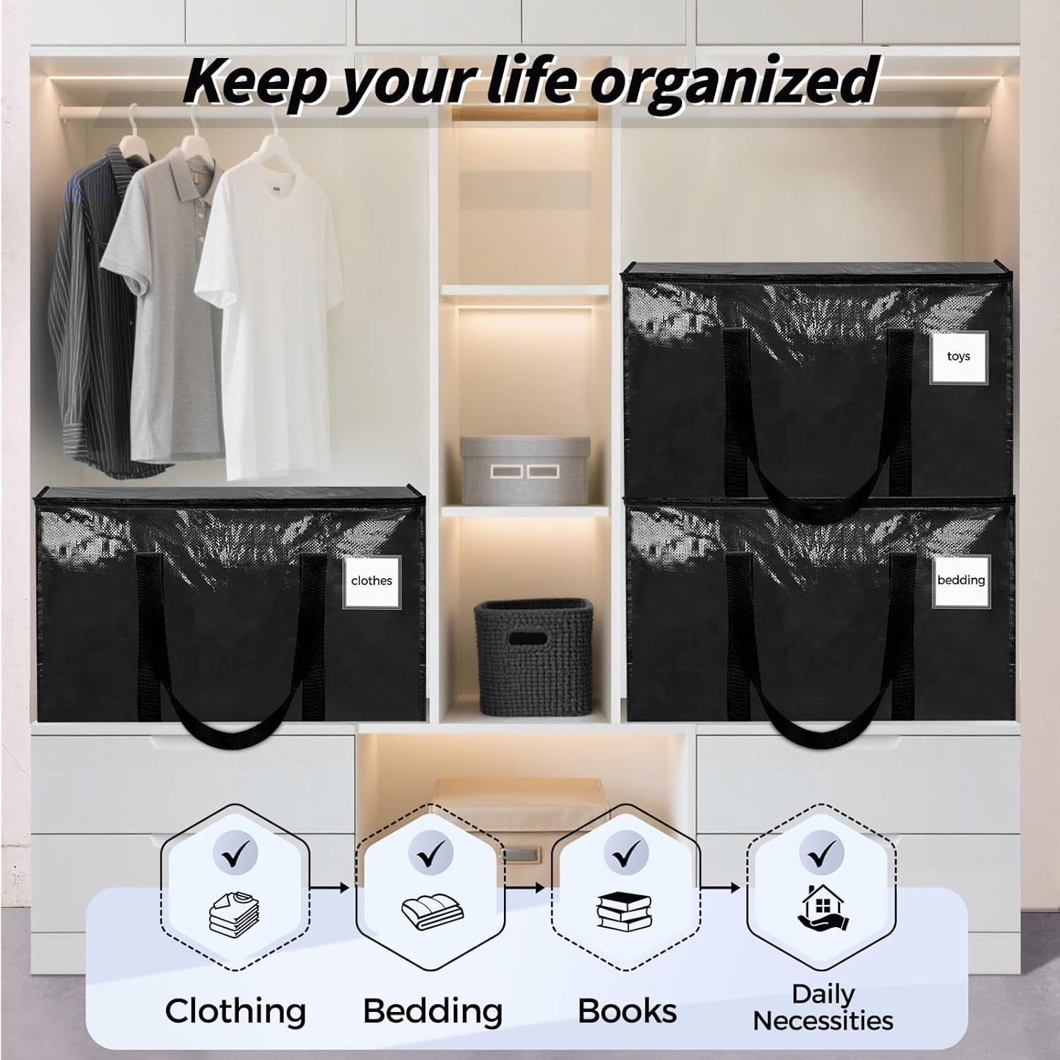 16 Pack Extra Large Clothes Storage Bins with Lids, Moving Bags, Black | Storage