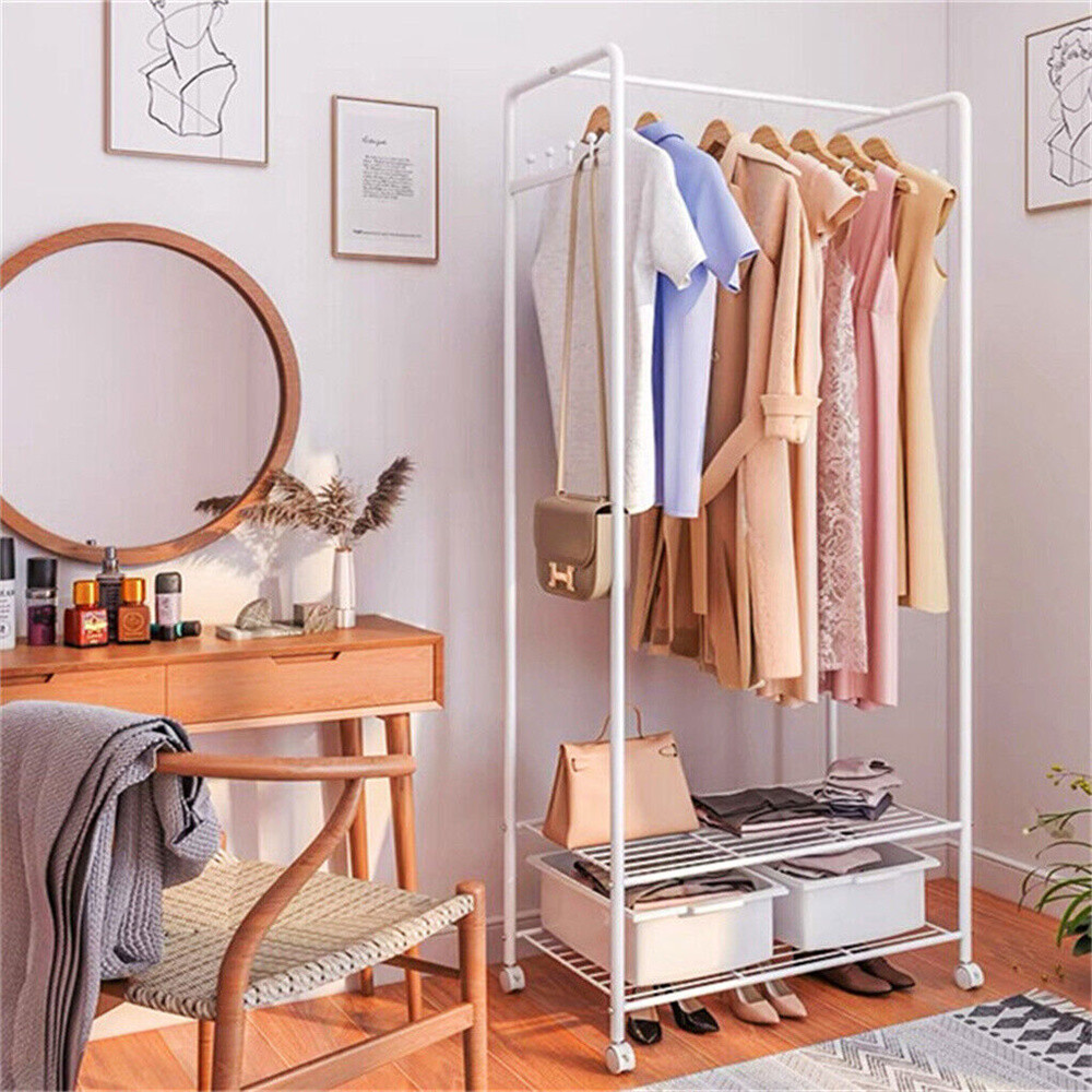 Heavy Duty White Clothing Garment Rack Rolling Clothes Organizer 2 Tiers Shelves