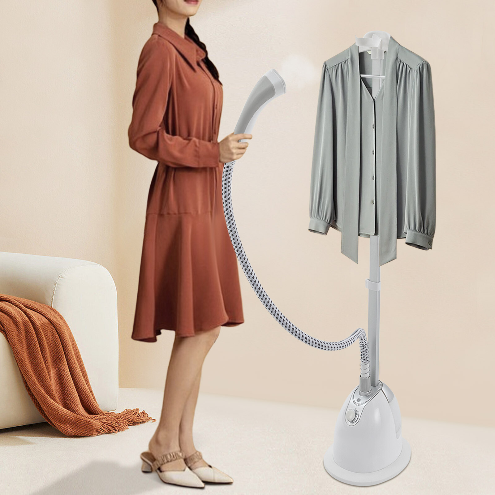 1350W Vertical Garment Steamer 1.4L Tank Adjustable Height Telescopic Rod White