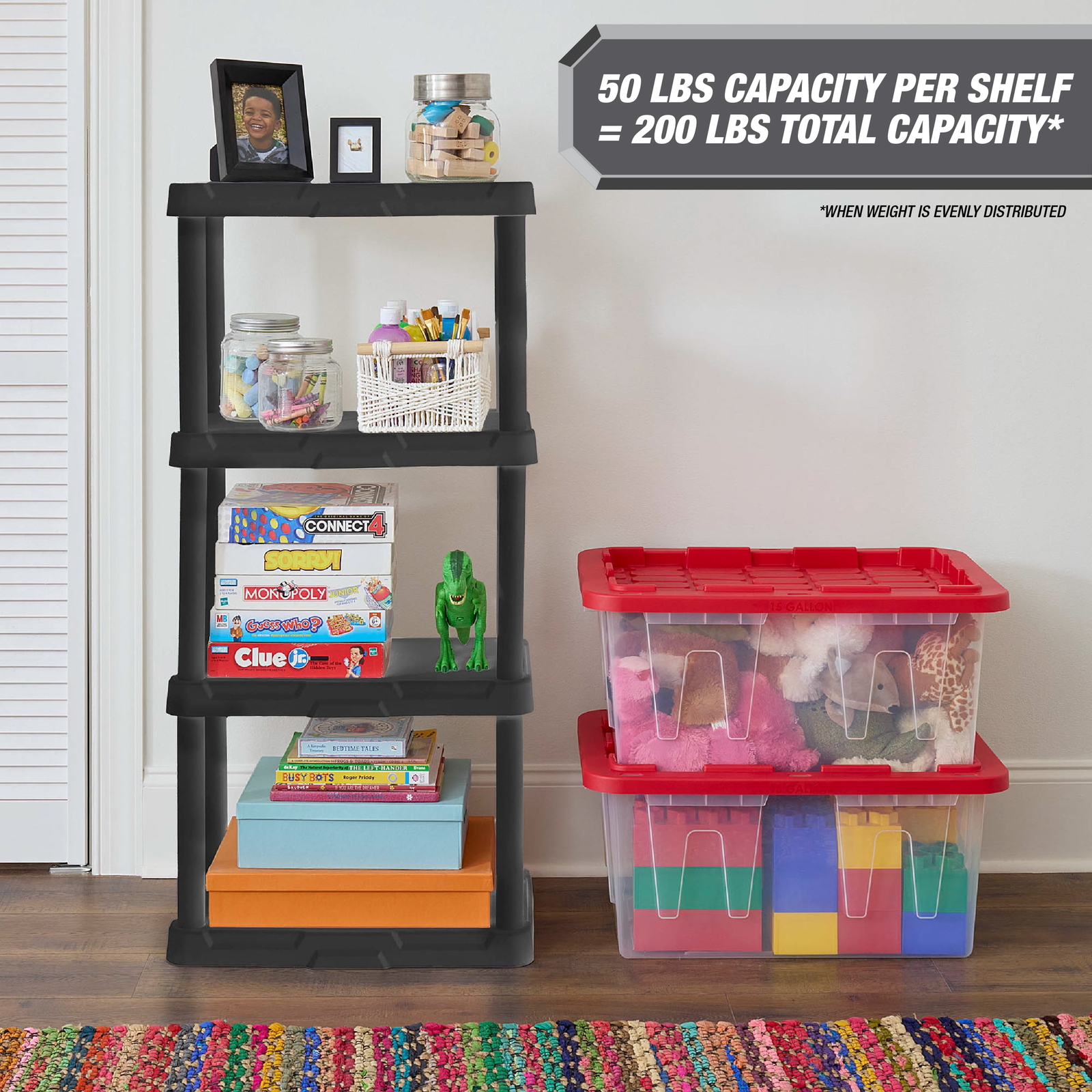 4-Shelf Black Plastic Storage Shelf, 22″ W x 14″ D x 47″ H,