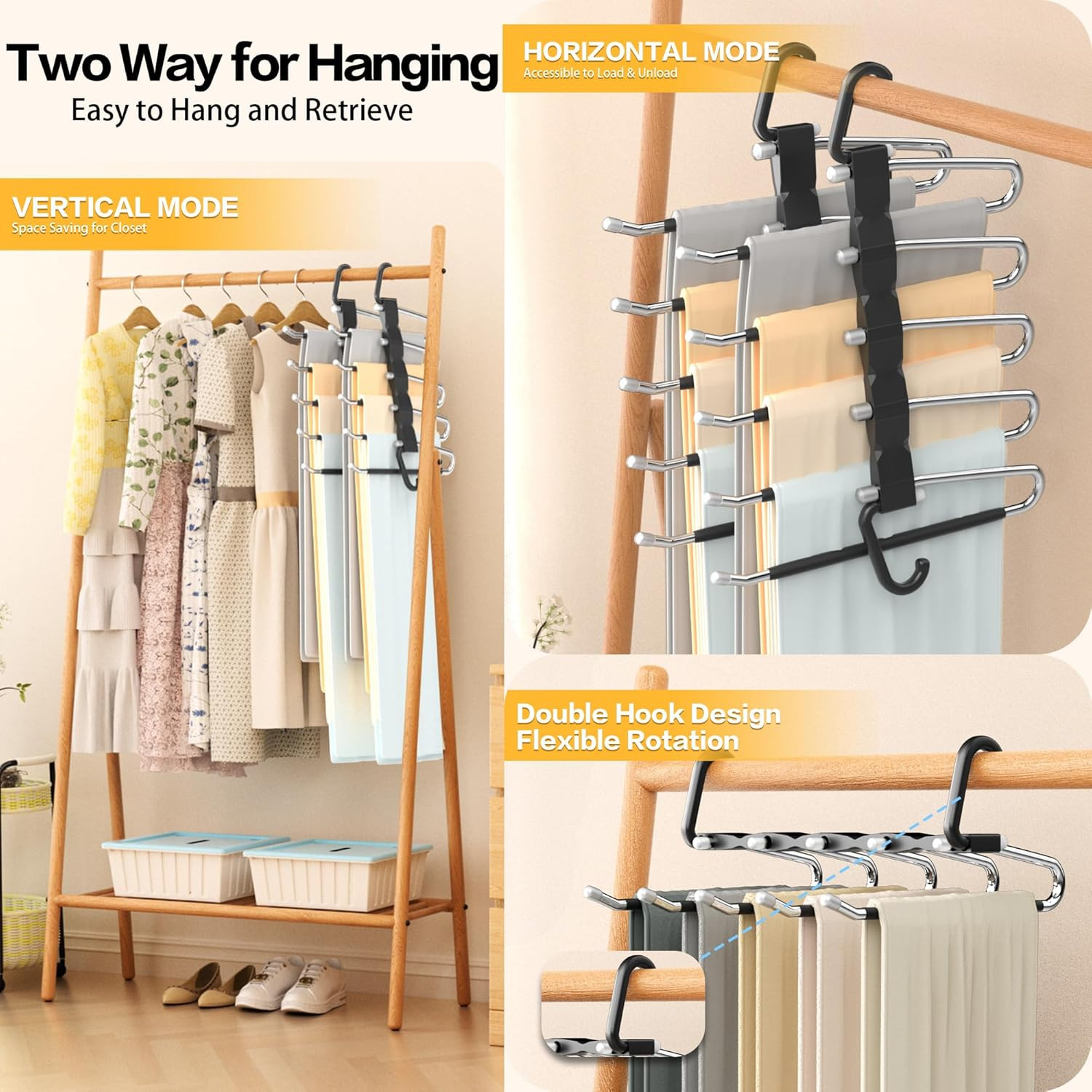 2 Pack Pants Hangers Space Saving Stainless Steel Closet Organizer Rack