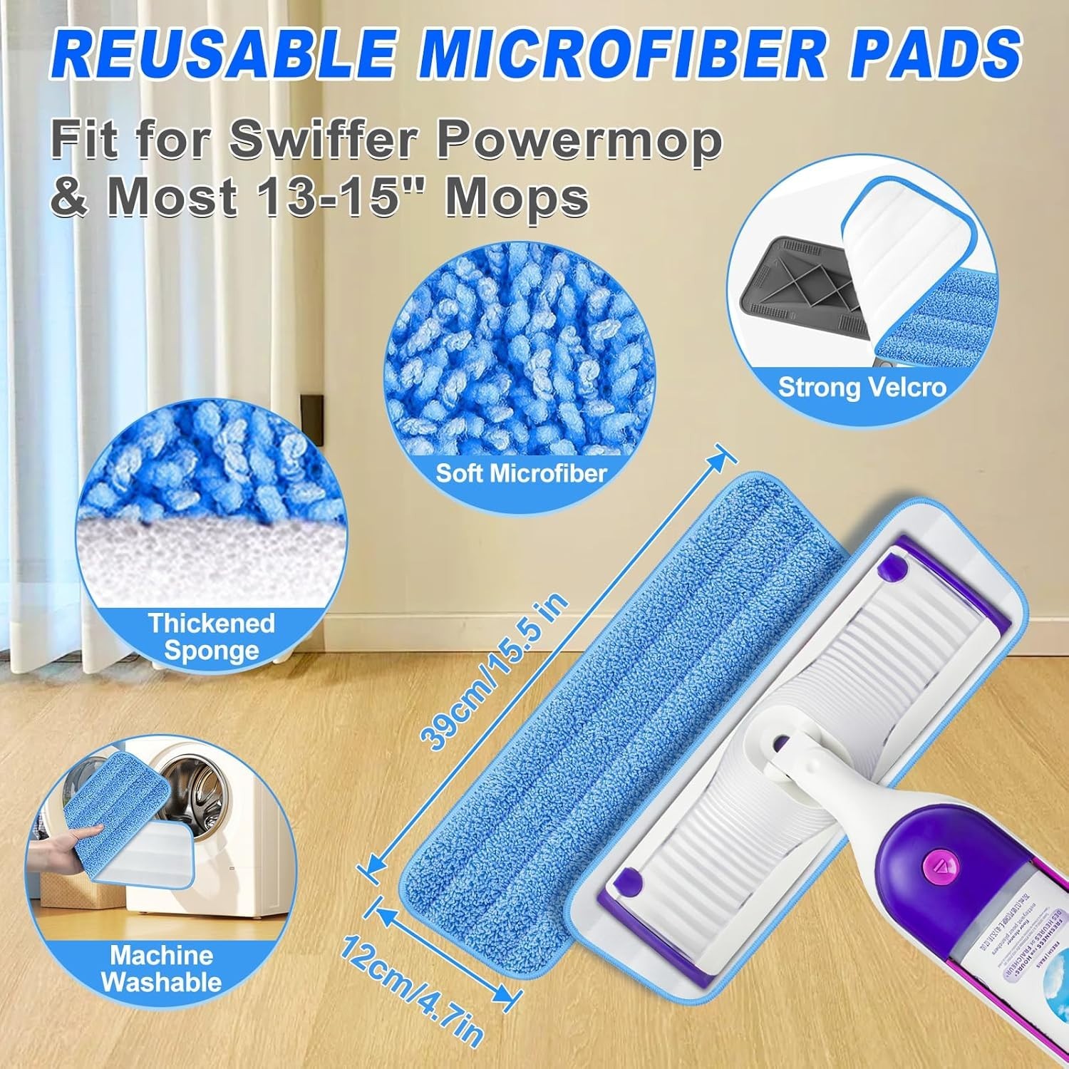 Microfiber Floor Mop Flat Cleaning Tool with 4 Washable Pads Adjustable Handle