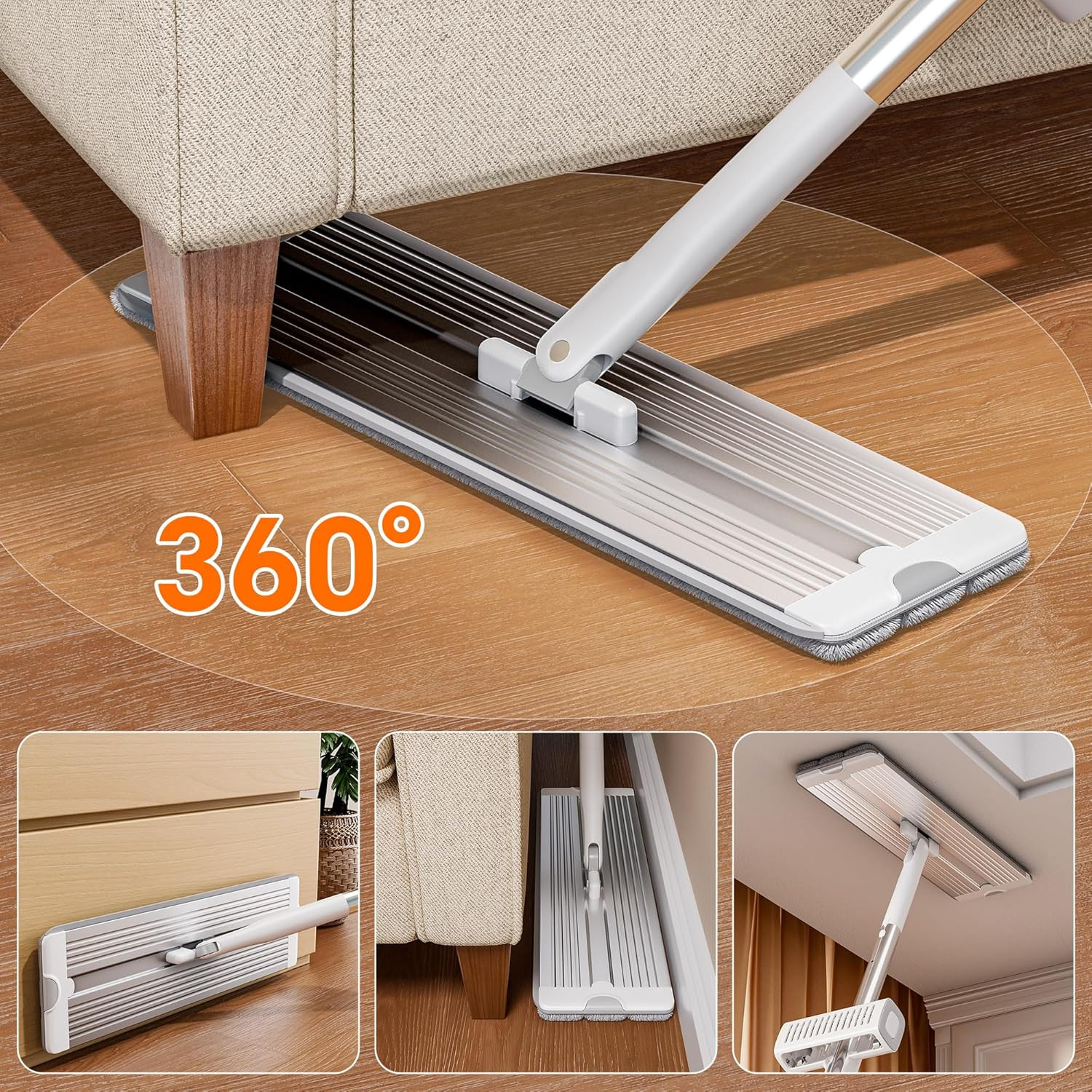 Self Wringing Flat Mop 360 Spin Head Microfiber Floor Cleaner 4 Pads No Bucket
