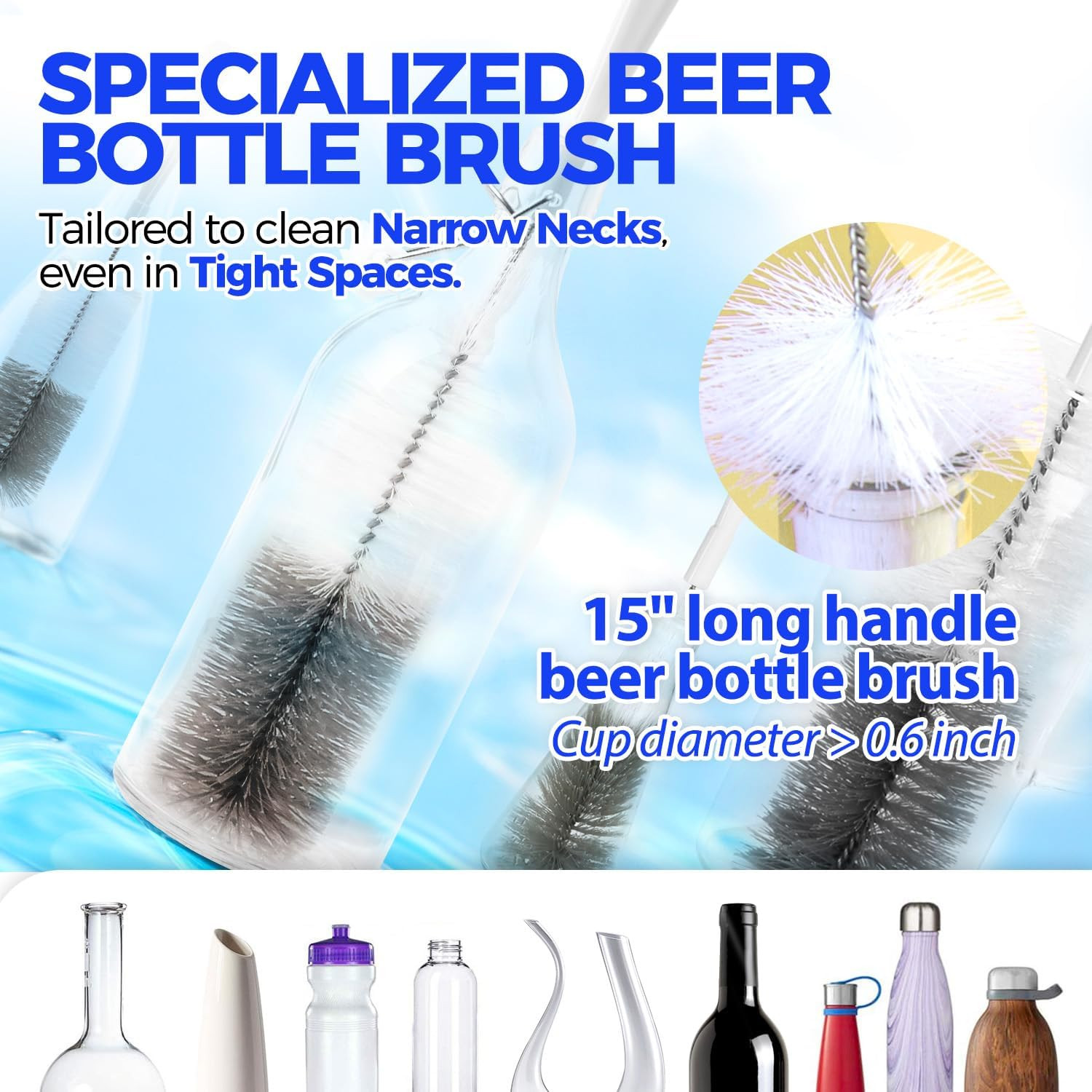 10 Pack Bottle Brush Set 15″ Long Handle Cleaner Brush,White | 15″ Long Handle B
