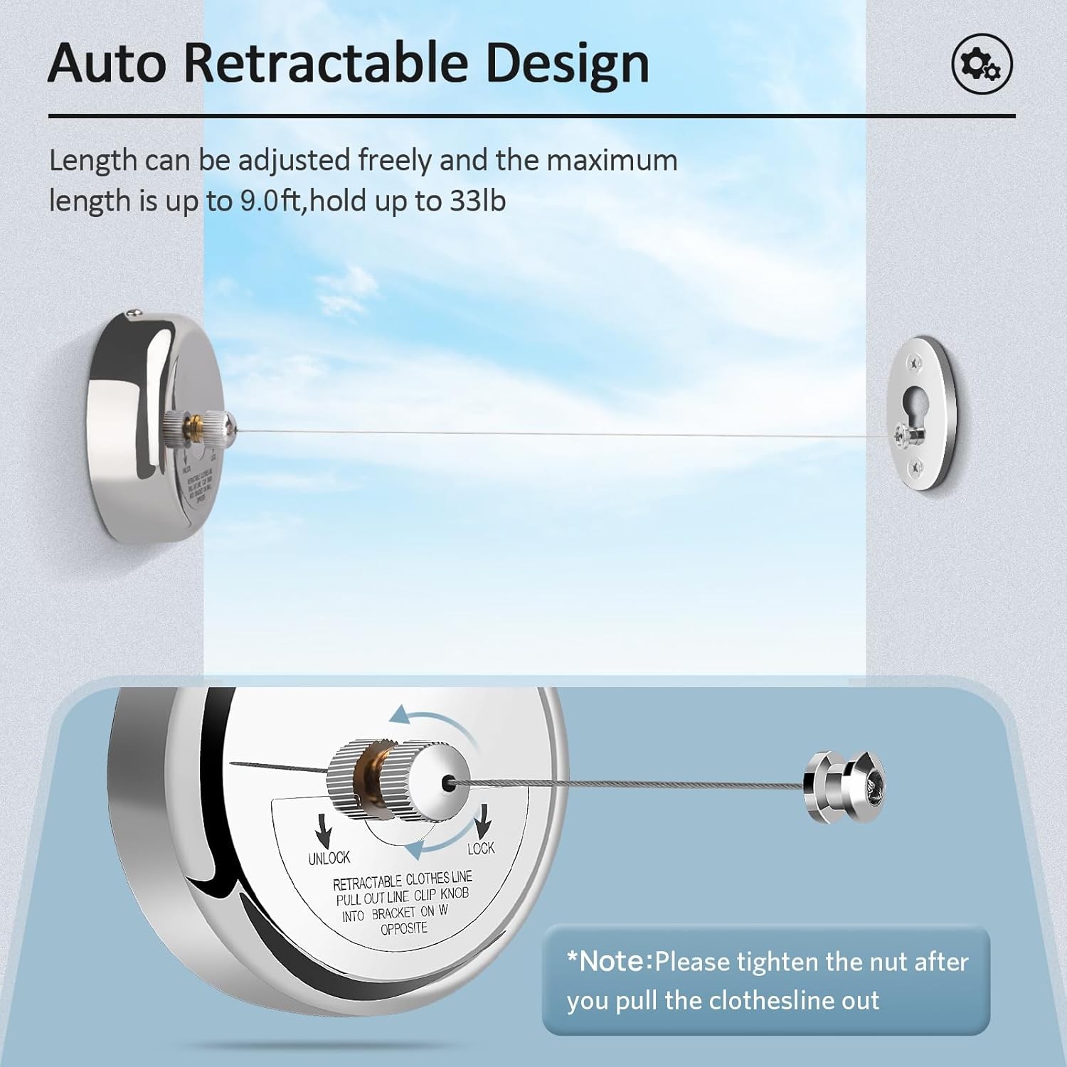 Retractable Clothesline 9Ft 304 Stainless Steel Heavy Duty Indoor Outdoor