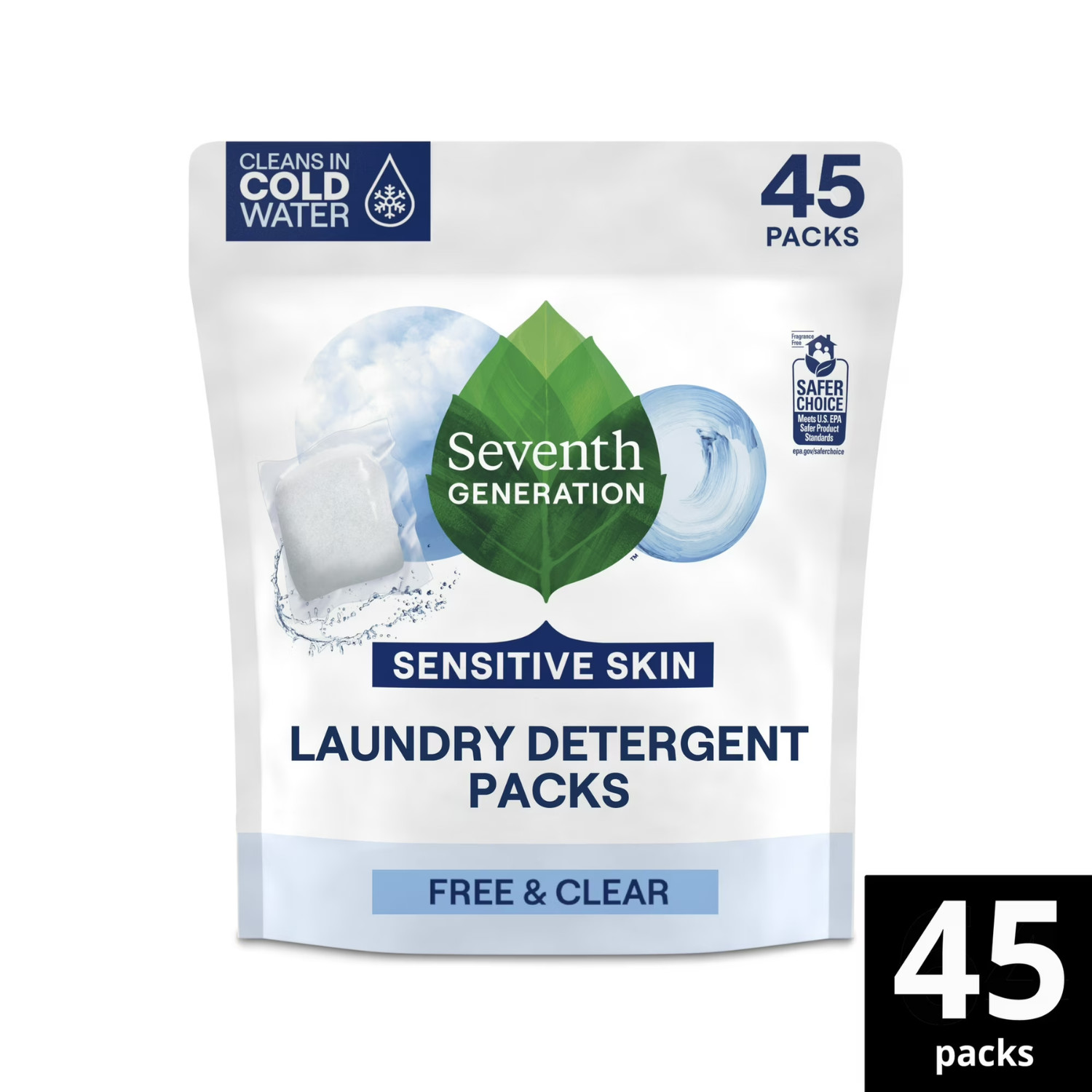 2PK Seventh Generation Free&Clear Laundry Detergent Pacs 45 Load Sensitive Skin