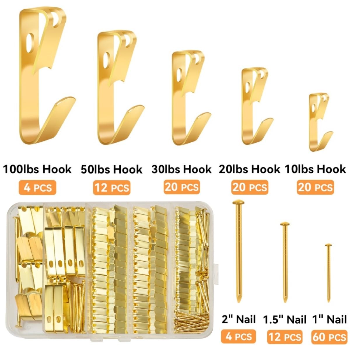 152Pcs Picture Hanging Kit, Picture Hangers 10lb, 20lb, 30lb, 50lb, 100lb Hooks