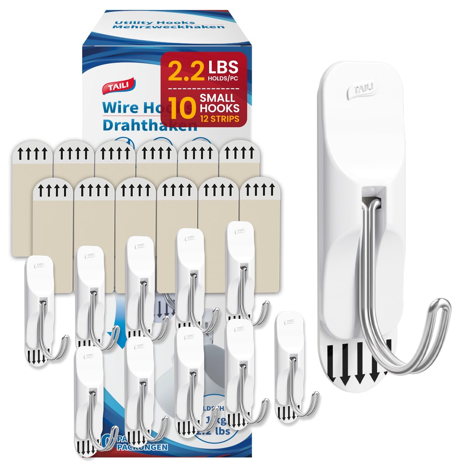 10 Small White Sticky Wall Hooks 12 Adhesive Strips Heavy Duty Holds 1.1 lb