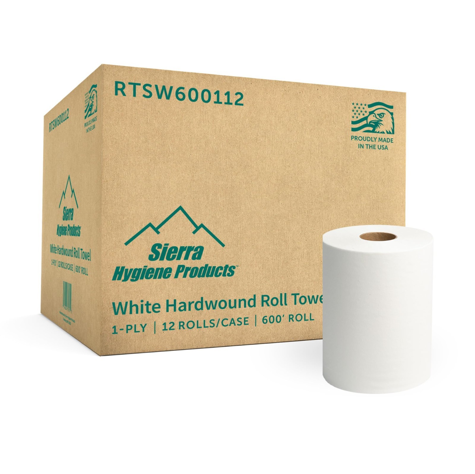 Sierra Hygiene 1-Ply White Roll Towels, 8” x 600’, 12/Case, Made in USA