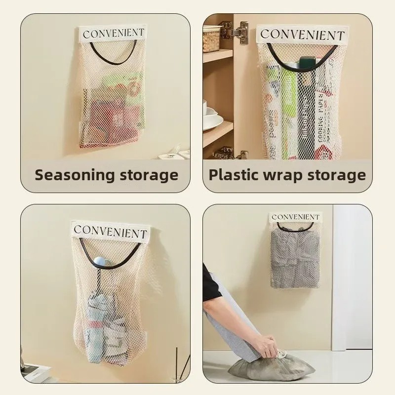 Trash Bag Holder Dispenser Sticky Wall Mount Mesh Convenient Storage Organizer