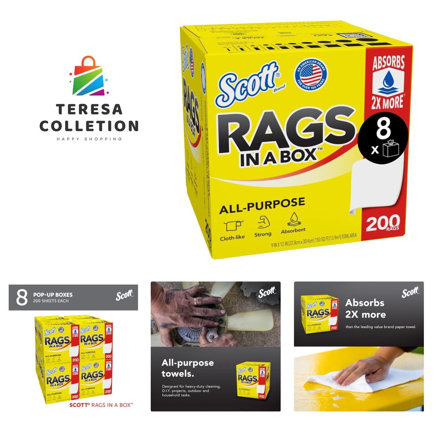 Scott Shop Rags In A Box , All-Purpose Towels, 9″x12″ Wipe, Pop-Up 8 Boxes o…