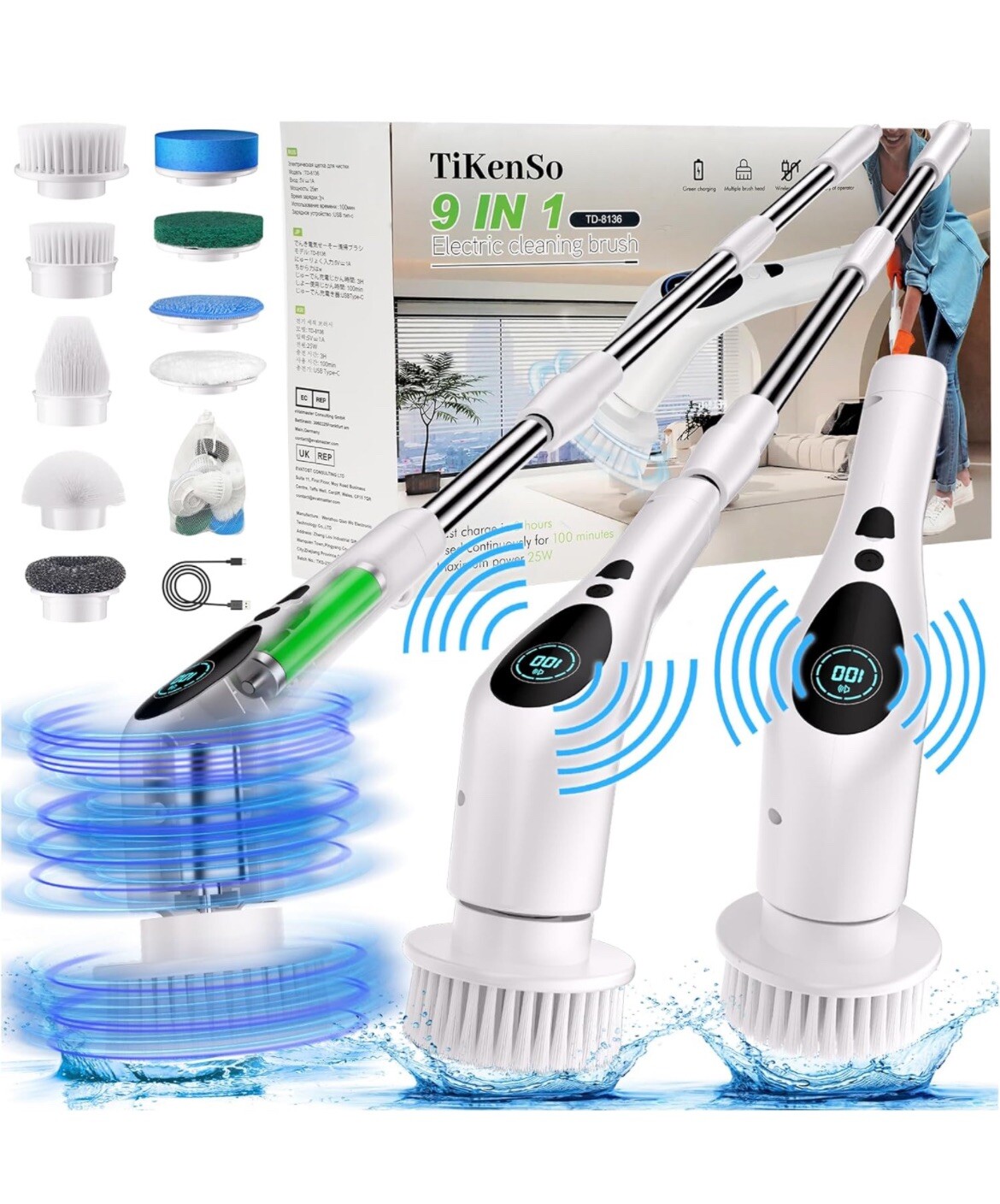 9 in 1 Electric Spin Scrubber Rapid Scrubber Cleaning Brush Cordless Chargeable