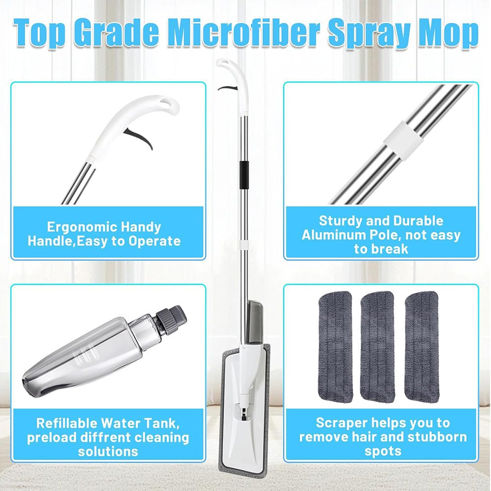 Spray Mop with 3 Washable Pads Refillable Bottle 360° Microfiber Floor Cleaner
