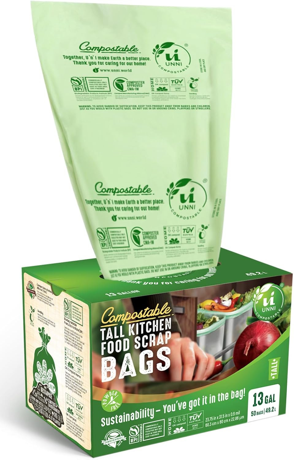 Compostable Trash Bags, 13 Gallon / 49.2 Liter, 100 Count, Extra Thick 0.9 Mi…