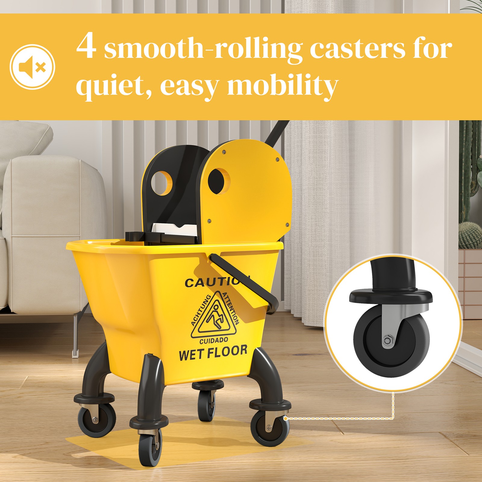Mop Bucket with Wringer on Wheels and Mop Included,27.5 Quart,Yellow,Refurbished