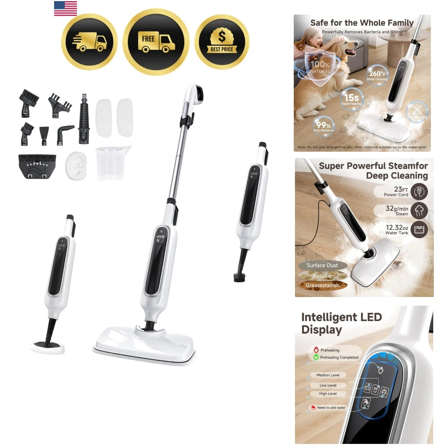 12-in-1 Steam Mop, Detachable Handheld Steam Cleaner for Home, 23FT Cord, 3 S…