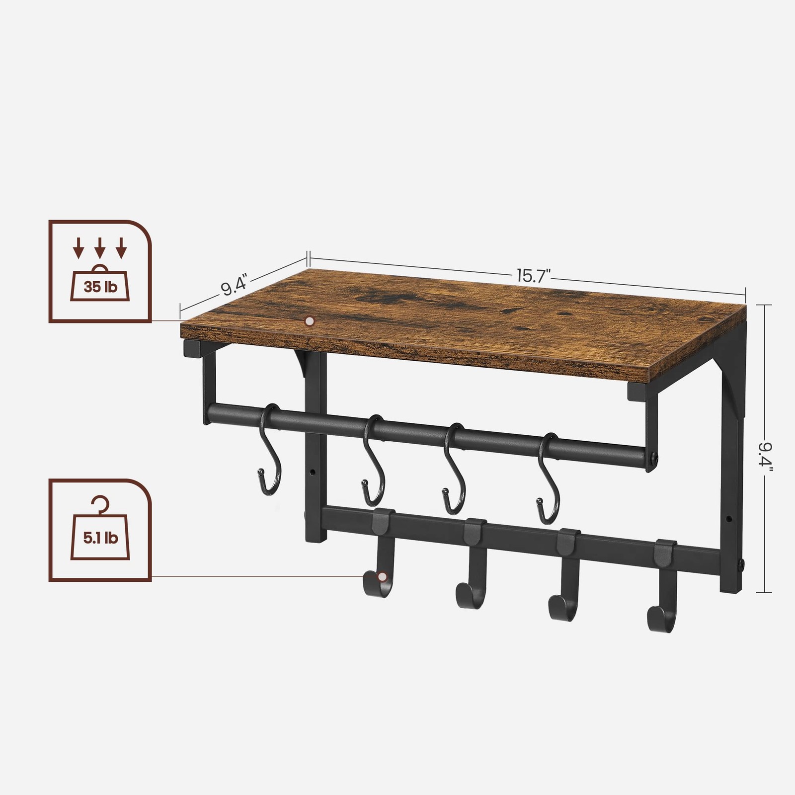 15.7×9.4×9.4 Inch Rustic Brown Wall Mounted Coat Rack Shelf With 8 Hooks
