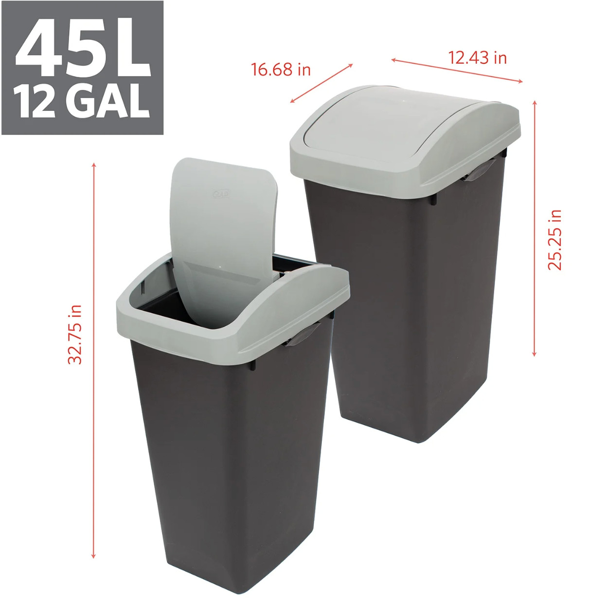 12 Gallon Kitchen Trash Can Swing Top Lid Plastic Garbage Bin Gray