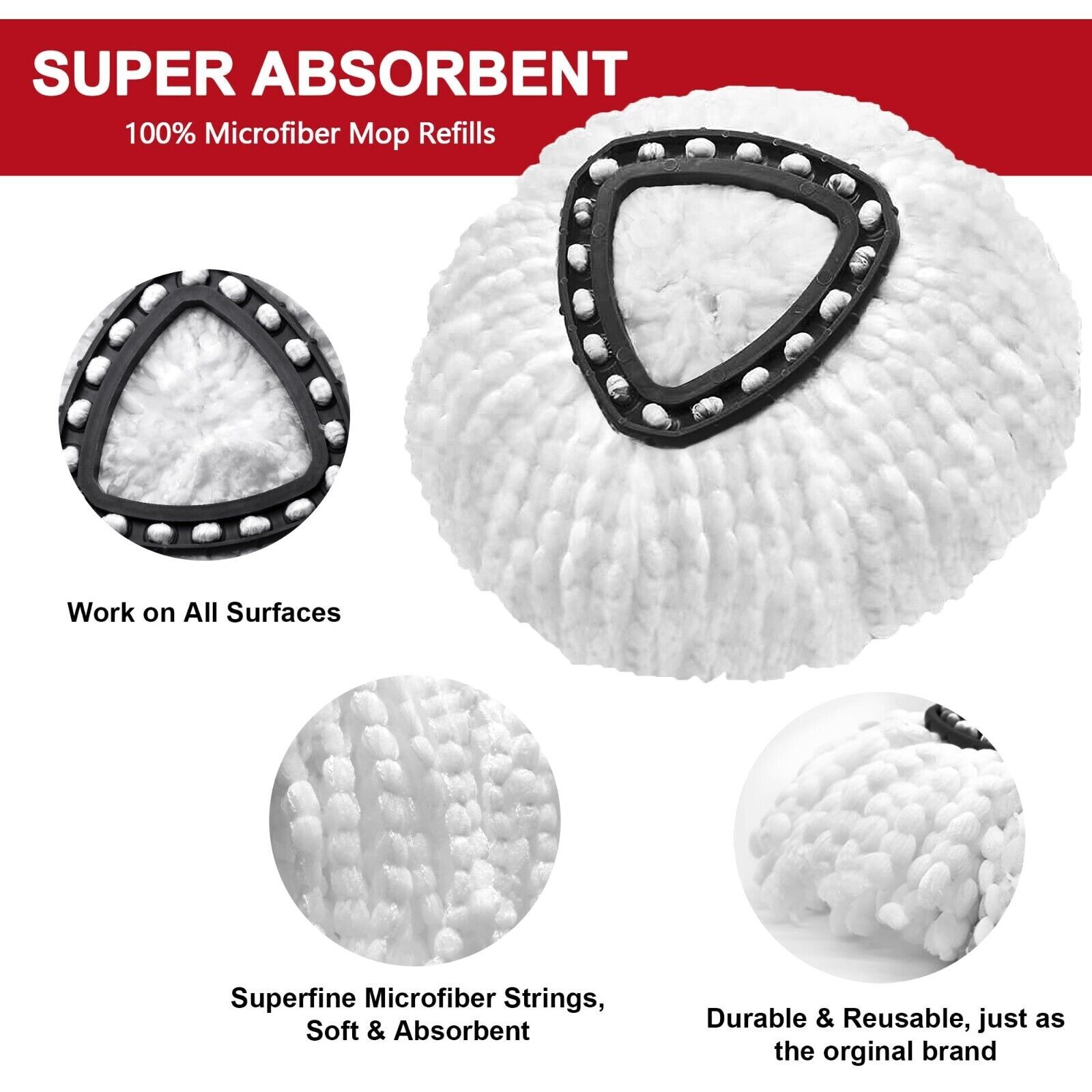 Mop Replace Head, 3 Pack Spin Mop Replacement Head Easywring 1-Tank System, Easy