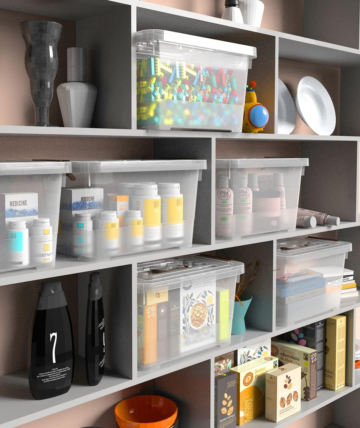 6-Pack Clear 7 Quart Storage Latch Box/Bins, Plastic Stackable Latching Box with