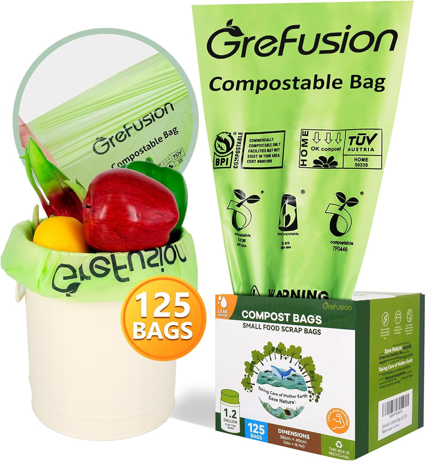(Include 100+25 Bonus Bags) Compostable Bags 1.2-1.6 Gallon,Fits 0.75,1,1.2,1.3