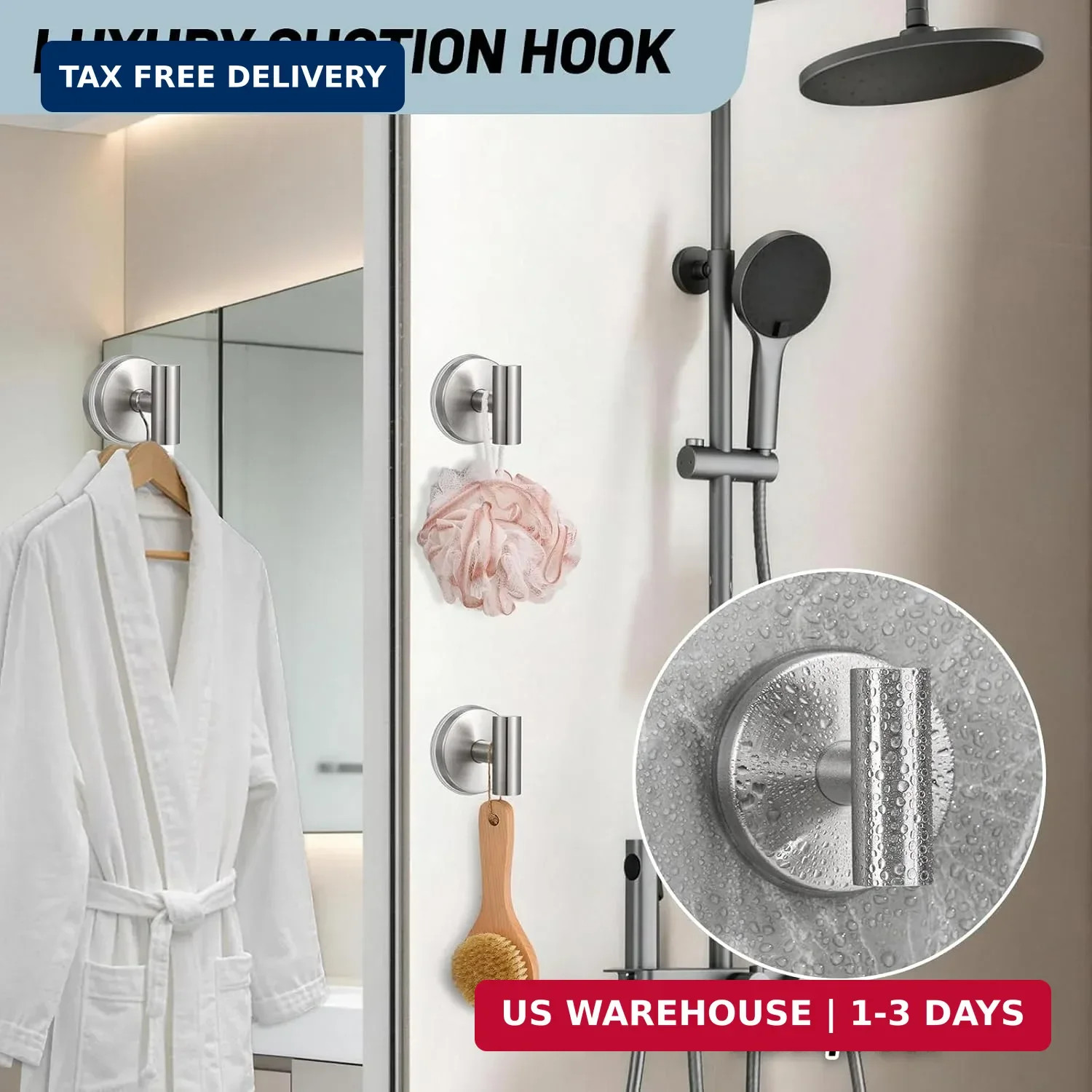 15-LB Suction Cup Hooks for Shower, Stainless Steel Bathroom Towel Hook for Glas