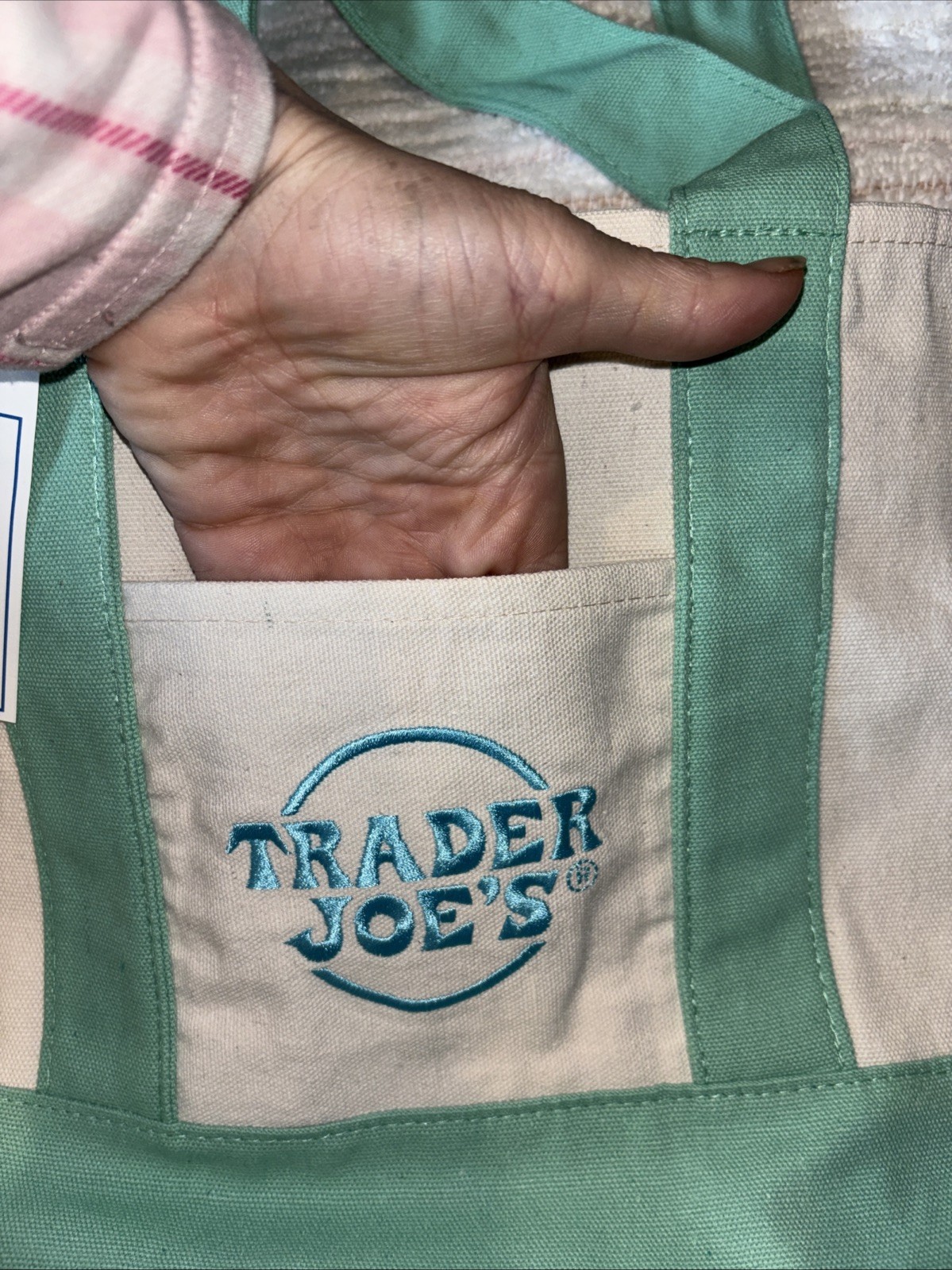 Trader Joe’s Teal/Mint Green Pastel Mini Canvas Tote gift bag NEW