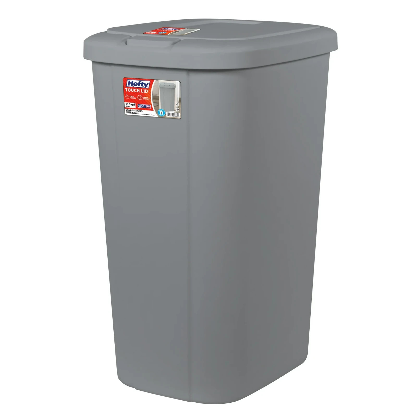 Hefty 13.3 Gallon Trash Can, Plastic Touch Top Kitchen Trash Can, Grey