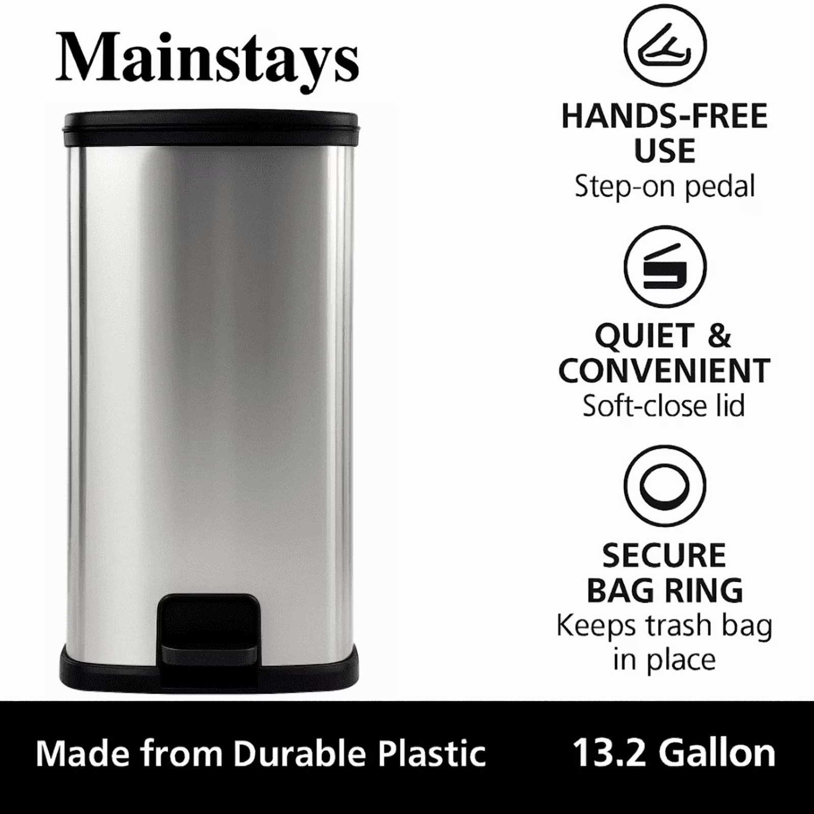 Mainstays Kitchen Trash Can, 13.2 Gallon Plastic Step Garbage Bin