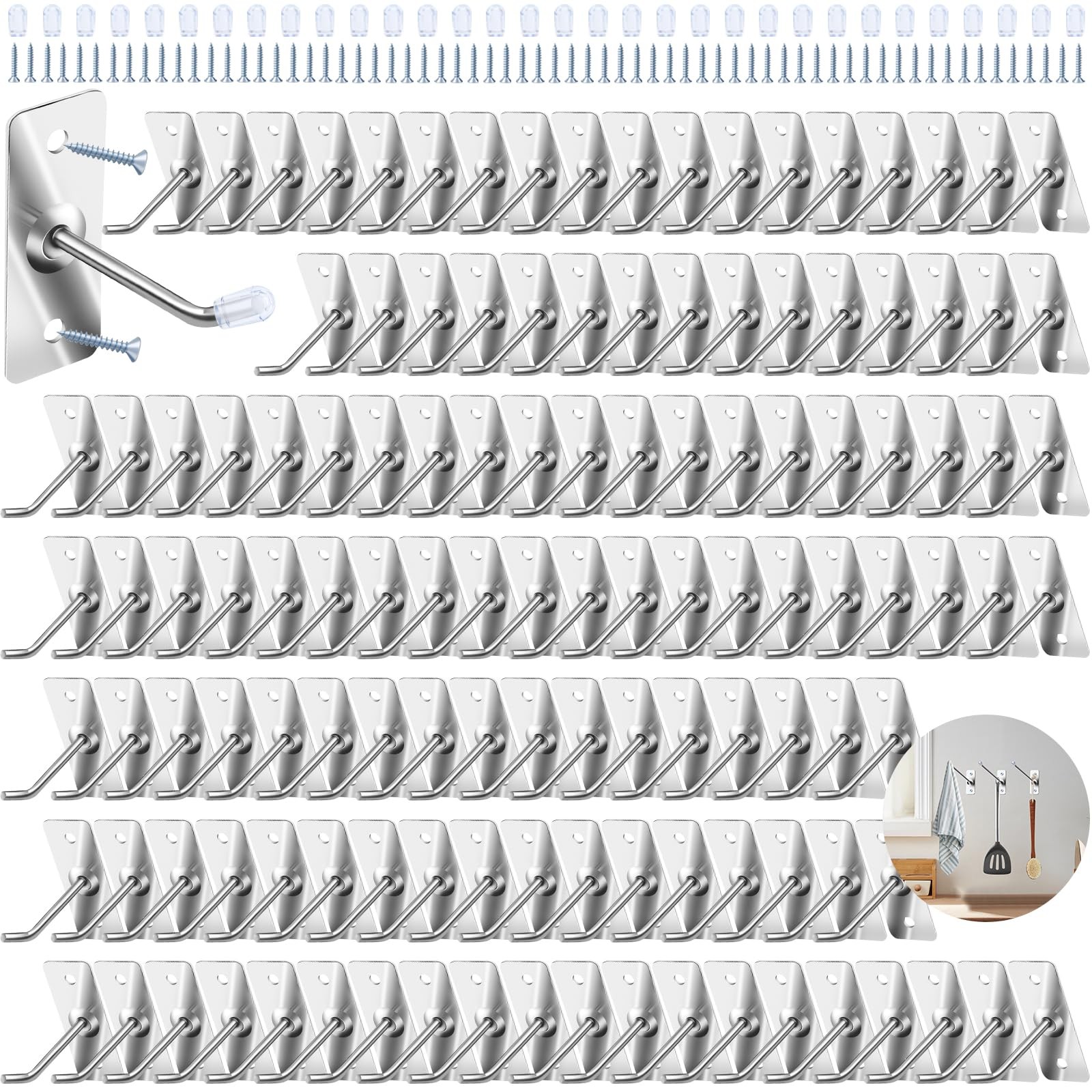 60 PCS 4 Inch 10CM Stainless Steel Wall Mounted Hook Rubber Caps Screws