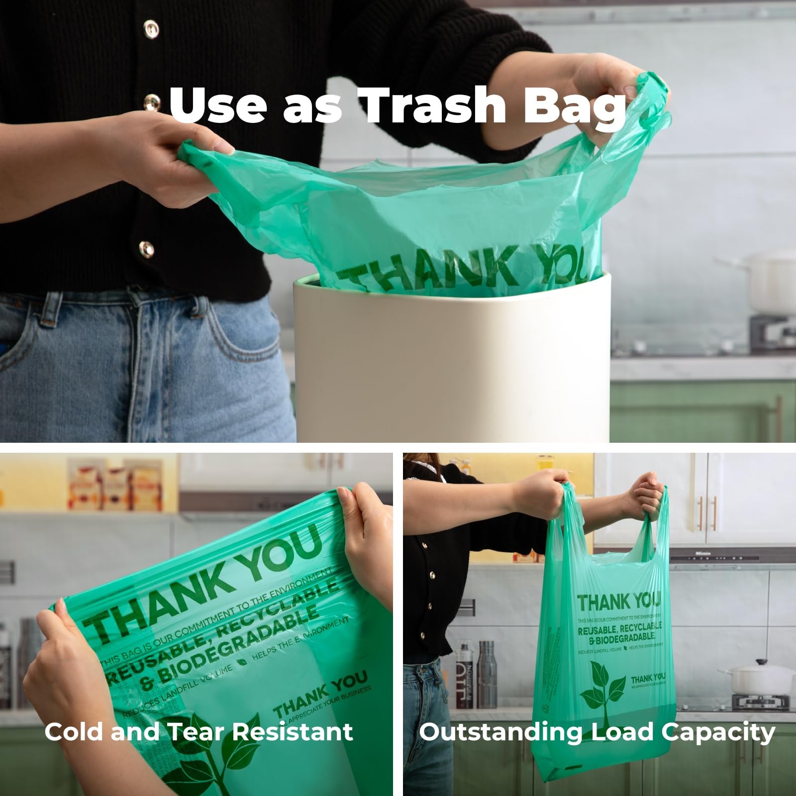 Eco Biodegradable Plastic Grocery Bags – 100 Count with Handles, Thank You T-…