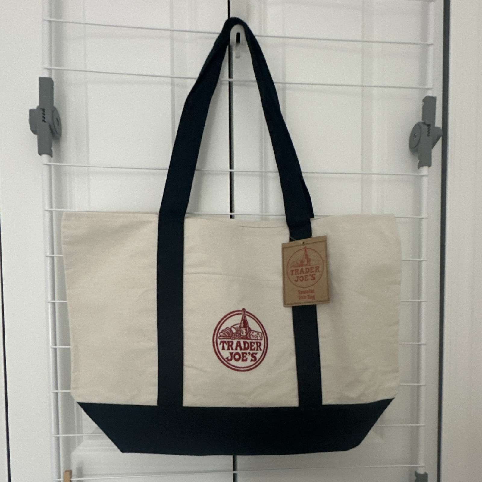 Trader Joe’s Reusable Tote Bag Cotton Polyester Beige Navy Red Logo