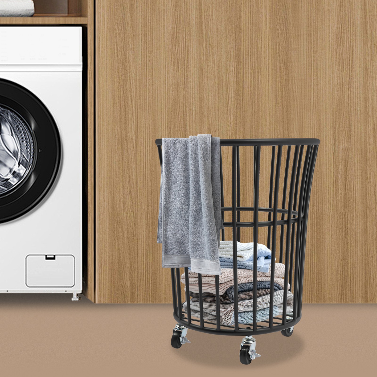 Black Metal Laundry Basket with 4 Wheels,36*40cm Round Barrel Laundry Basket