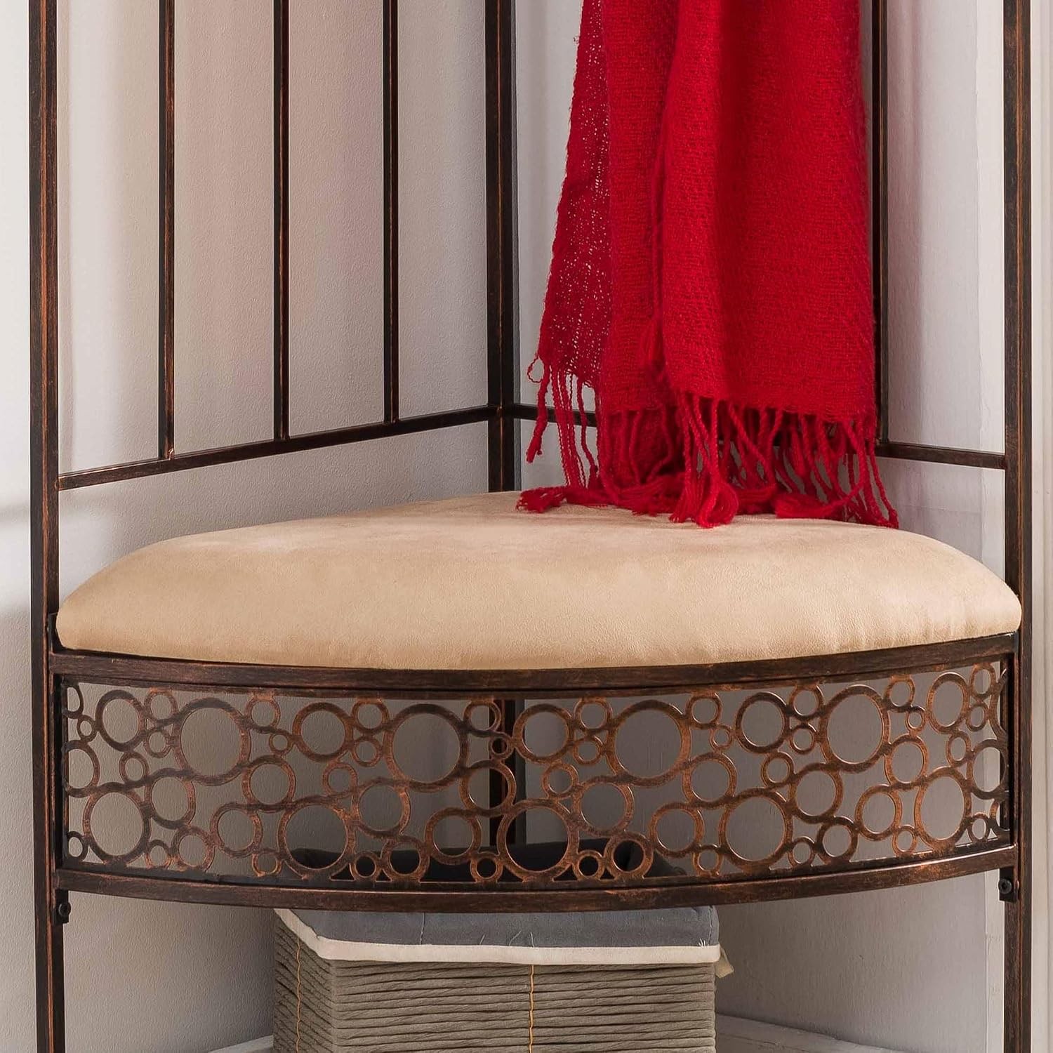 Brushed Copper Metal Corner Entryway Hallway Storage Bench with Coat Rack