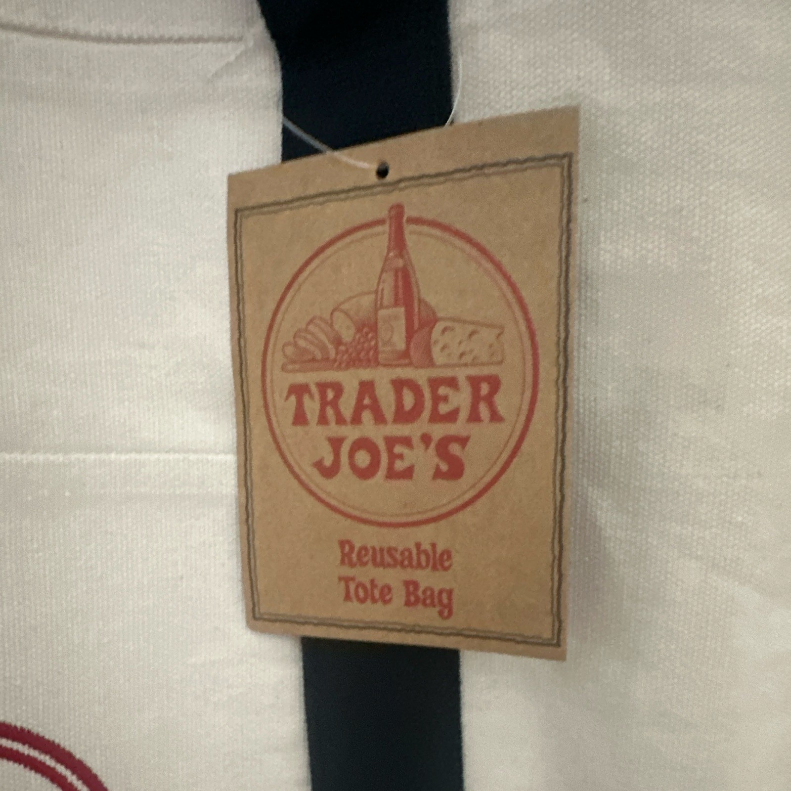 Trader Joe’s Reusable Tote Bag Cotton Polyester Beige Navy Red Logo