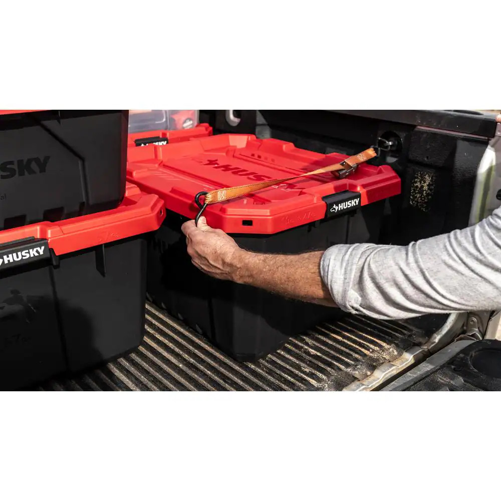 Husky 27 Gallon Storage Tote Bin Heavy Duty Stackable Lockable Lid Black Red
