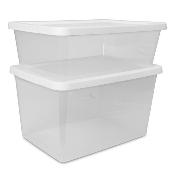 (4) 12 Quart Storage Boxes, Clear Plastic Storage Bin with Snap-On Lid, White