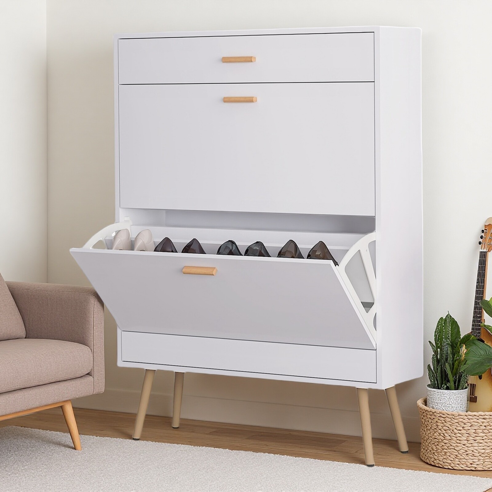 White 2 Flip Drawers Shoe Cabinet, Luxury Shoe Storage & Shoe Rack